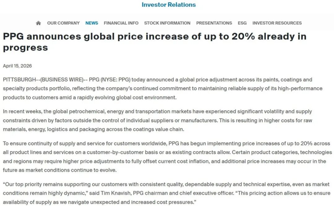 PPG全球涨价20%!巨头的自救,还是涂料行业的集体困局? PPG全球涨价20%!巨头的自救,还是涂料行业的集体困局?